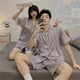 thumbnail image 4 of CAIYIER-Conjunto de pijama de manga corta para hombre y mujer, ropa de dormir informal, suave, de seda, a rayas, Color sólido, para verano, 4 of 4