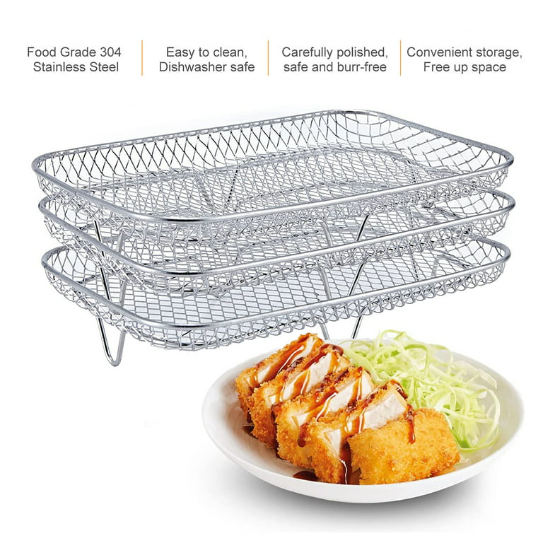 Air Fryer Rack for Ninja Dual Air Fryer Kannino 3pcs Layered Dehydrator Racks Stainless Steel Grilling Rack Rectangle Air Fryer Basket Tray with Clip