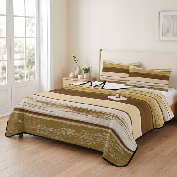 3 Piece Summer Bed Quilt Set Queen Size,Farmhouse Wood Grain Lightweight Bedspread Coverlet with 2 Pillowcases Vintage Brown Wooden Board Soft Comforter Bedding Quilts for All Season