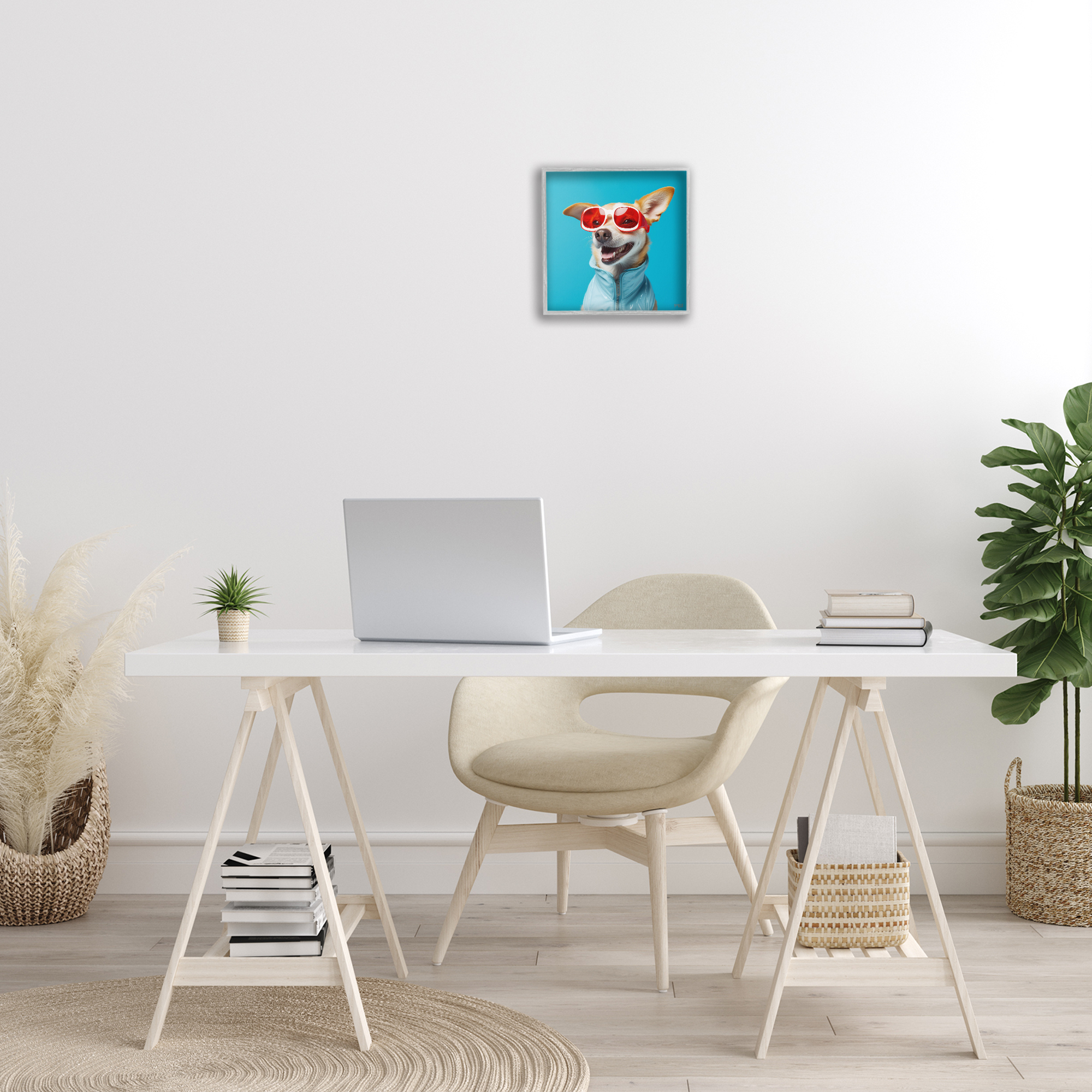 Stupell Industries Stylish Dog on Blue Animals & Insects Painting Gray Framed Art Print Wall Art, 12 x 12