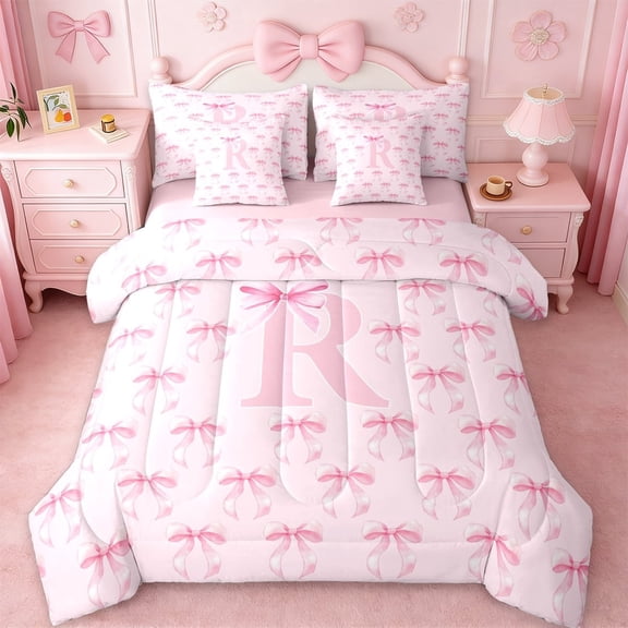 Erosebridal Letter R Initial Print 7-Piece Twin Bedding Sets For Girls,Pink Ribbon Bow Tie Kids Bedding Comforter Set,Pink Reversible