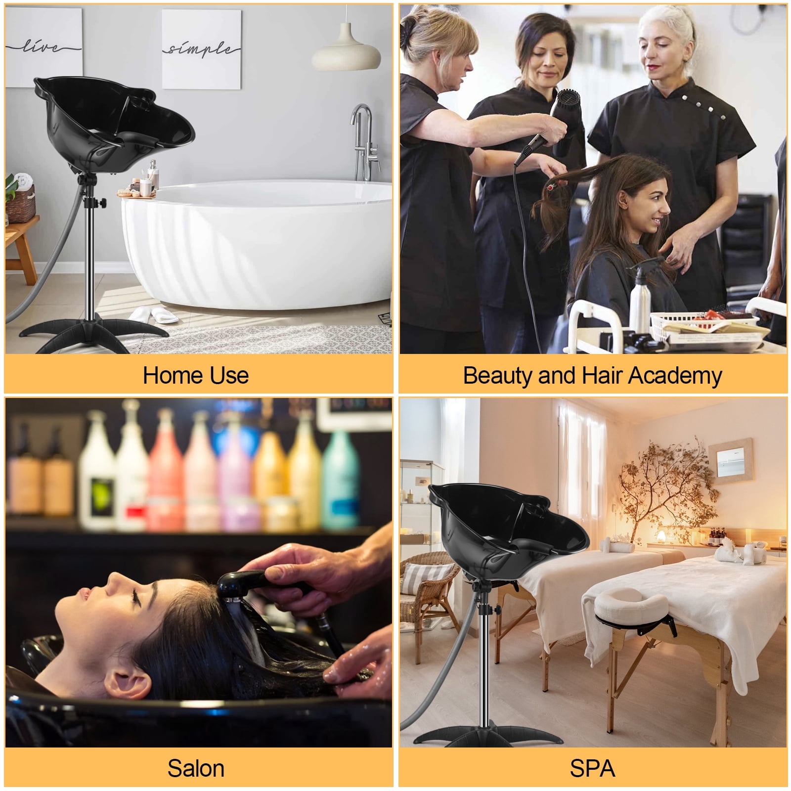Portable Shampoo Bowl, 270 Degree Rotation of Hair Washing Basin, Height Adjustable Salon Sink with Drain Hoses for Home Salon Use (Black)