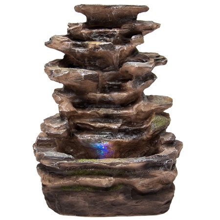 Indoors Water Fountain Best Choice Products Fountain Waterfall w/ Multicolor LED Lights for Home, Indoor, Tabletop- Brown ()