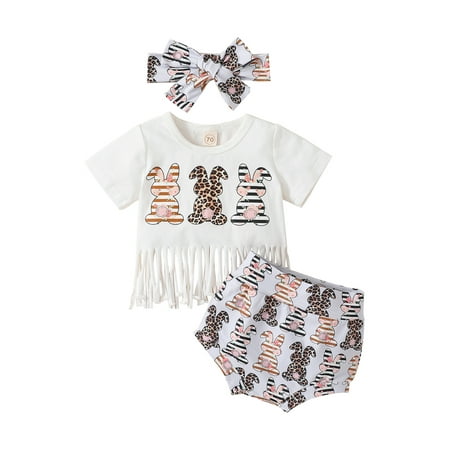 

Arvbitana Baby Girls Easter Outfits Bunny Print Short Sleeve T-shirt with Tassels + Elastic Shorts + Headband Summer Casual Sweet Clothes Set 3Pcs 0-24M