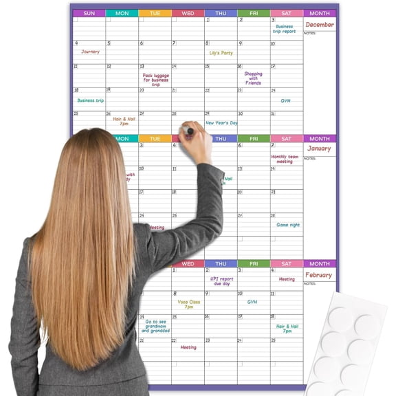 Large Dry Erase Calendar For Wall - Undated 3 Month Calendar, 28'' x 40'', Erasable & Reusable Laminated White Board With 8 Round Stickers, Vertical Layout for Office, Classroom and Home