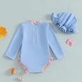 thumbnail image 3 of Infant Baby Swimsuit One-Piece Bathing Suit Toddler Kids Long Sleeve RuffleButts Rash Guard with Hat Set Zipper Beach Wear, 3 of 5