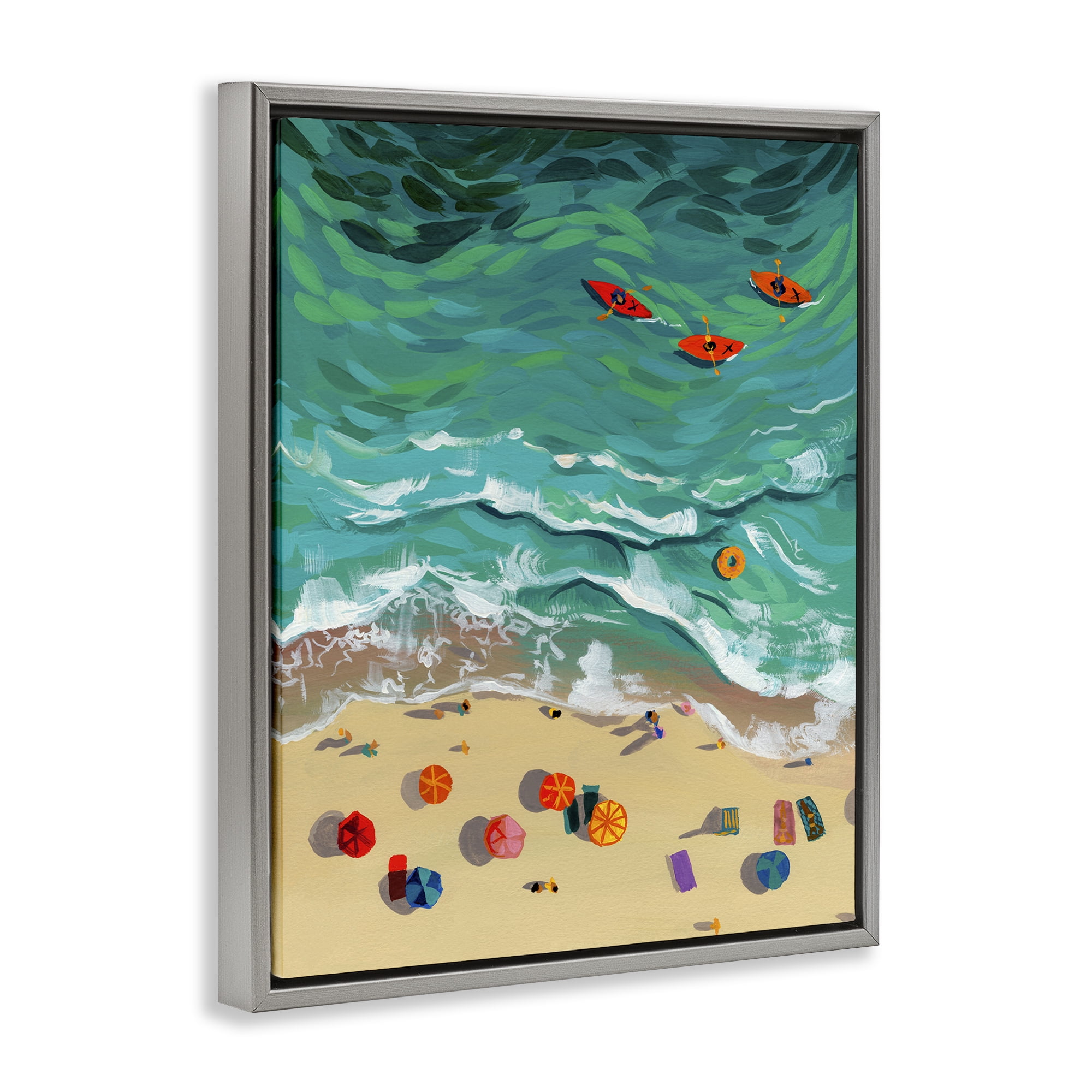 Stupell Industries Three Kayaks in Turquoise Waves Gray Framed Floater Canvas Wall Art, design by Brook Page