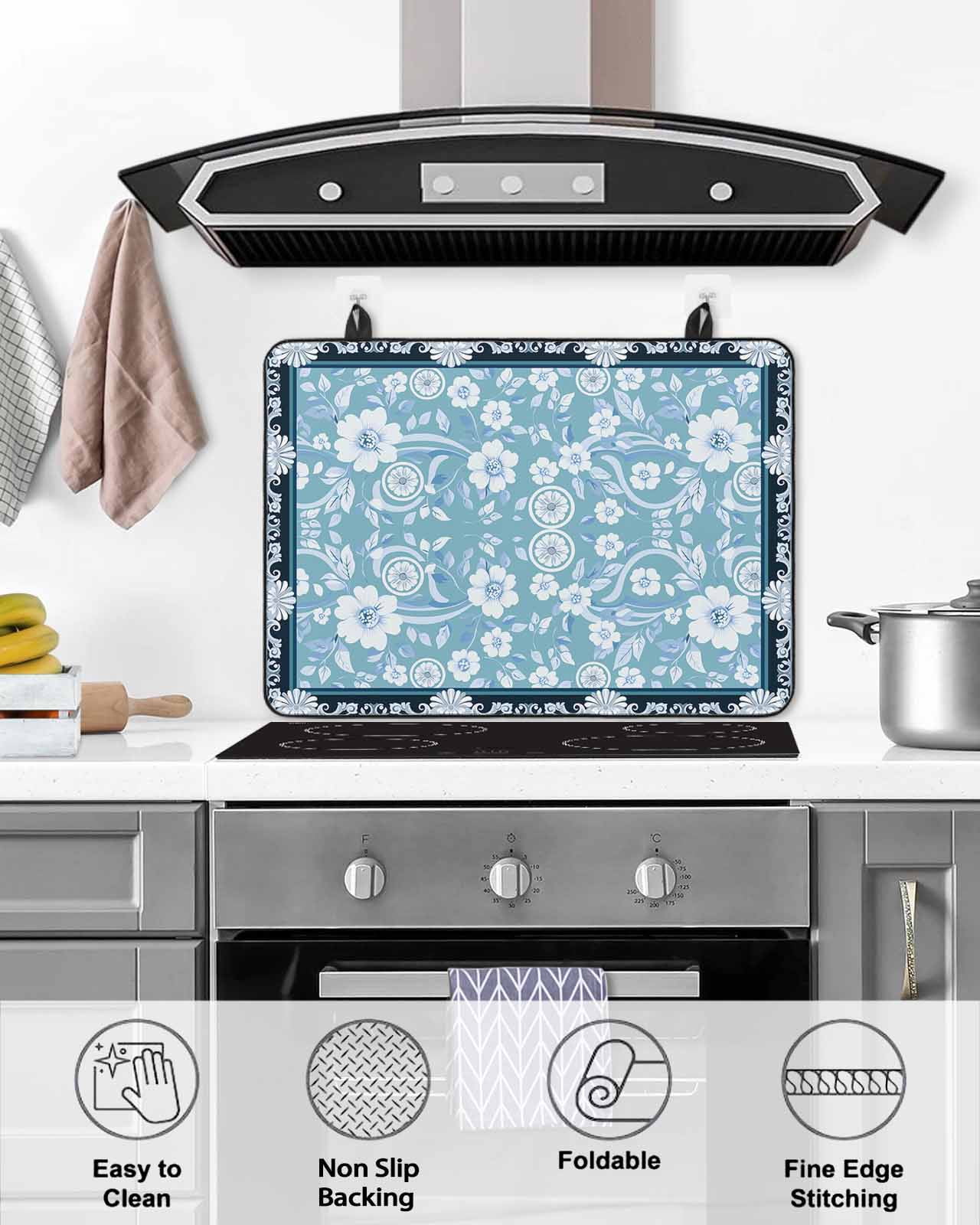 nqOlkjepod Large Induction Cooktop Protector Mat 24"x21", Light Blue White Flowers Stove Top Covers for Electric Stove, Rustic Vintage Botanical Leaves Stove Burner Cover Mats, Glass Top Stove Cover