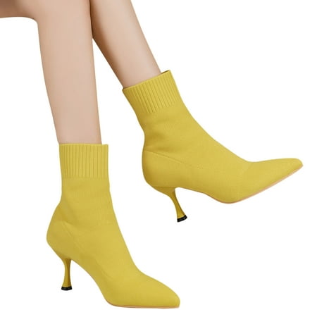 

Lovskoo 2024 Women s Ankle Boots Pointed Toe Stiletto Large High Heel Slim Boots Knitted Pointed Thin Heel Boots Sock Boots Yellow