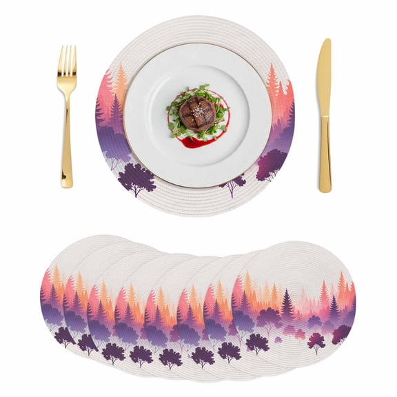 Purple Orange Ombre Forest Round 13 Inch Placemats Set of 8, Tree Modern Abstract Art HeatResistant Non Slip Place Mats for Dining Table, Wipeable Braided Kitchen Table Mats for Housewarming
