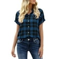 thumbnail image 2 of Short Sleeve Plaid Print Women Casual Blouse Female Summer Turn-Down Collar Shirt Tops, 2 of 4