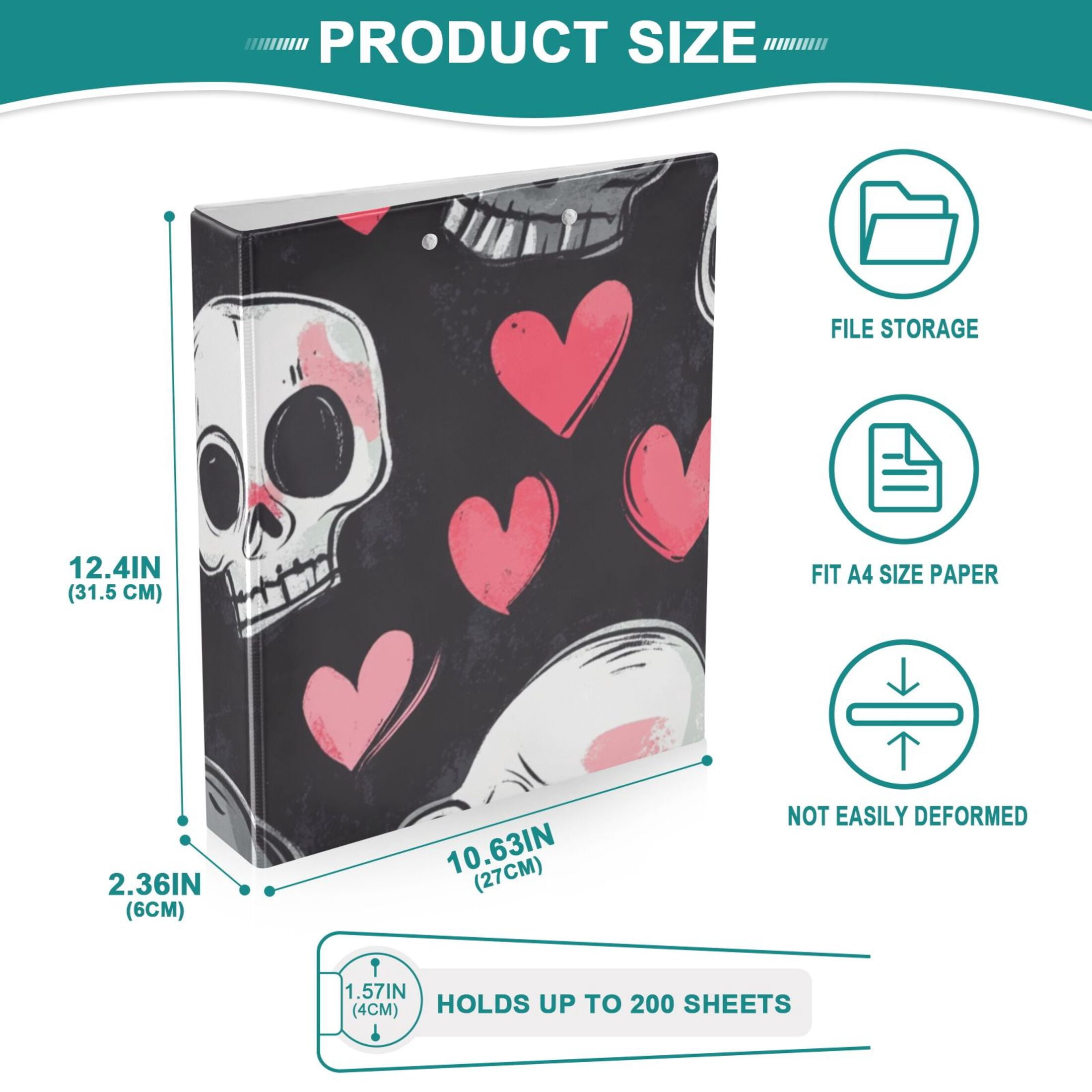 Hearts and Skulls 3 Ring Binders 1.5 inch Hardcover File Folders with Interior Pockets A4 Size Organizer for School Office Hospital