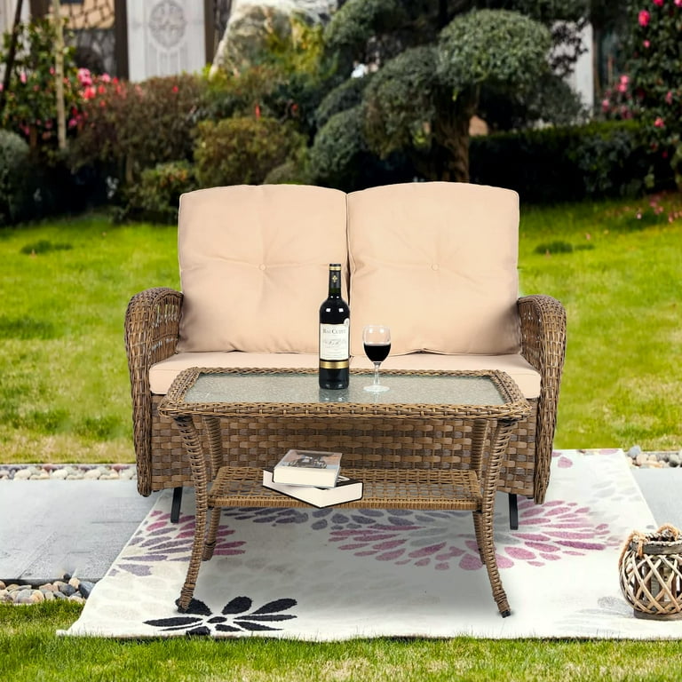 VIVIJSAON 2 Piece Patio Wicker Loveseat Glider Set Cushioned Outdoor Conversation Furniture Sets with 2 Seater Glider Rocking Bench Coffee Table and