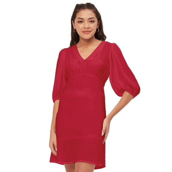 Moomaya Solid Color Shift Dress, V-Neck Balloon Sleeve Casual Evening Dress