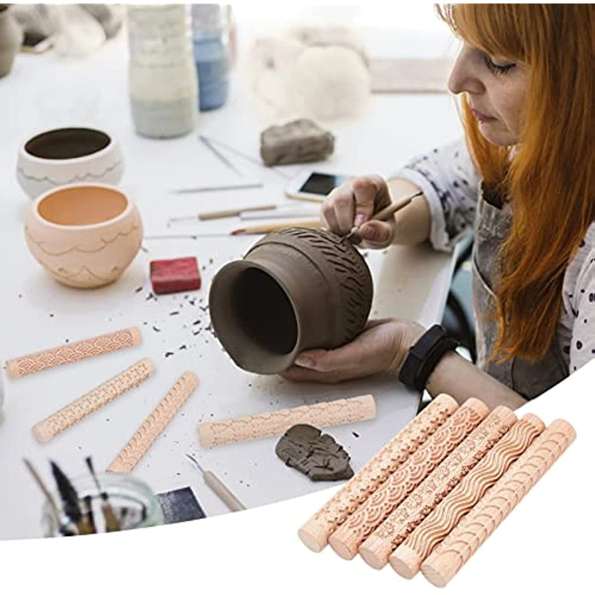 6pcs Clay Modeling Pattern Rollers, Large Texture Rollers For Clay Wooden  Handle Pottery Tools Snowflakes Stars Wood Wave Pattern Clay Rolling  Pottery