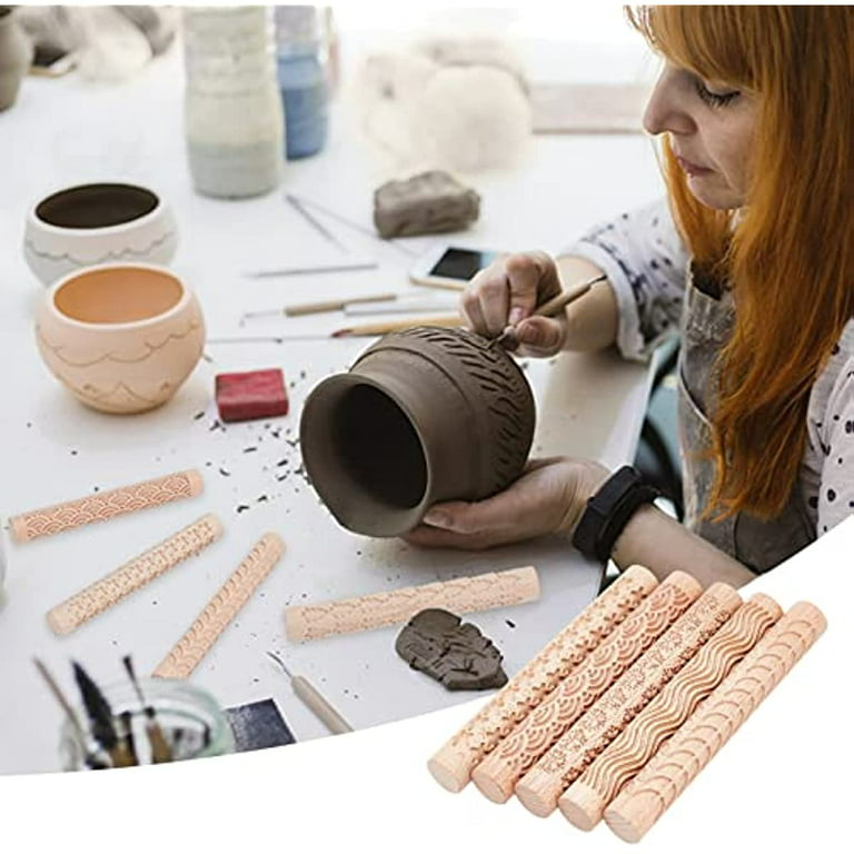 6 Inch 5 Styles Wooden Handle Clay Texture Roller Modeling Pattern Pottery  Tools Handmade Clay Slab Rollers Pins Leaves Wave Snowflake for Ceramics
