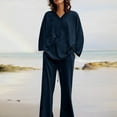 thumbnail image 6 of ShomPort 2 Piece Sets for Women Cotton Linen Casual Matching Sets Long Sleeve Pullover Tops Long Pants Sets (Navy 40), 6 of 7