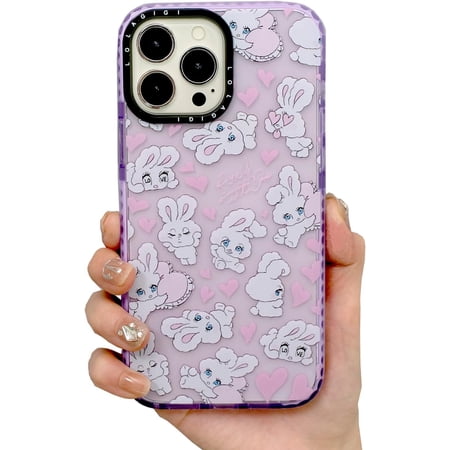 for iPhone 16 Pro Case for Women, Cute Purple Bunny Heart Cartoon Art Animal Print Girly Design Kawaii Aesthetic Cartoon Pattern for Girls Teens Soft TPU Phone Case (6.3")