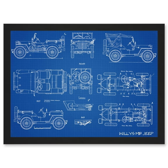 Willys MB US Army Military Jeep Vehicle Blueprint Plan Artwork Framed Wall Art Print A4