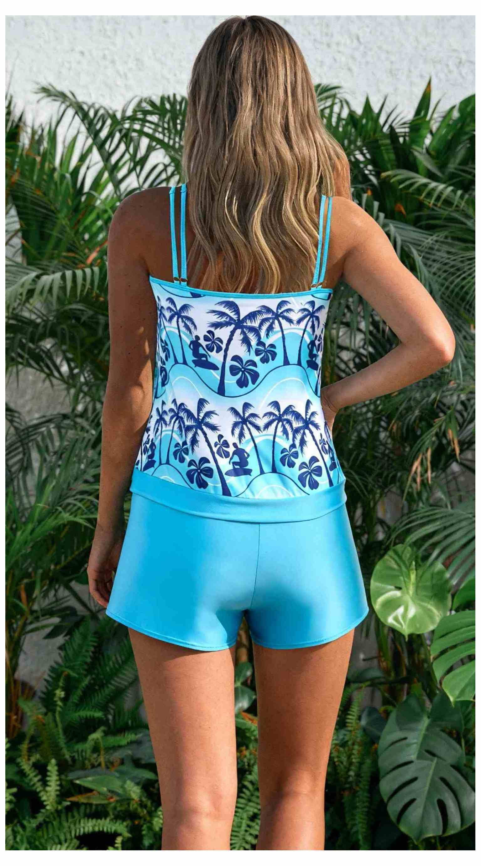 Women's Blue and White Ombre Palm Tree Print Ruched Tankini Swimsuit - Two Piece with Boyshorts, Tummy Control Bathing Suit Sizes XL to 4XL