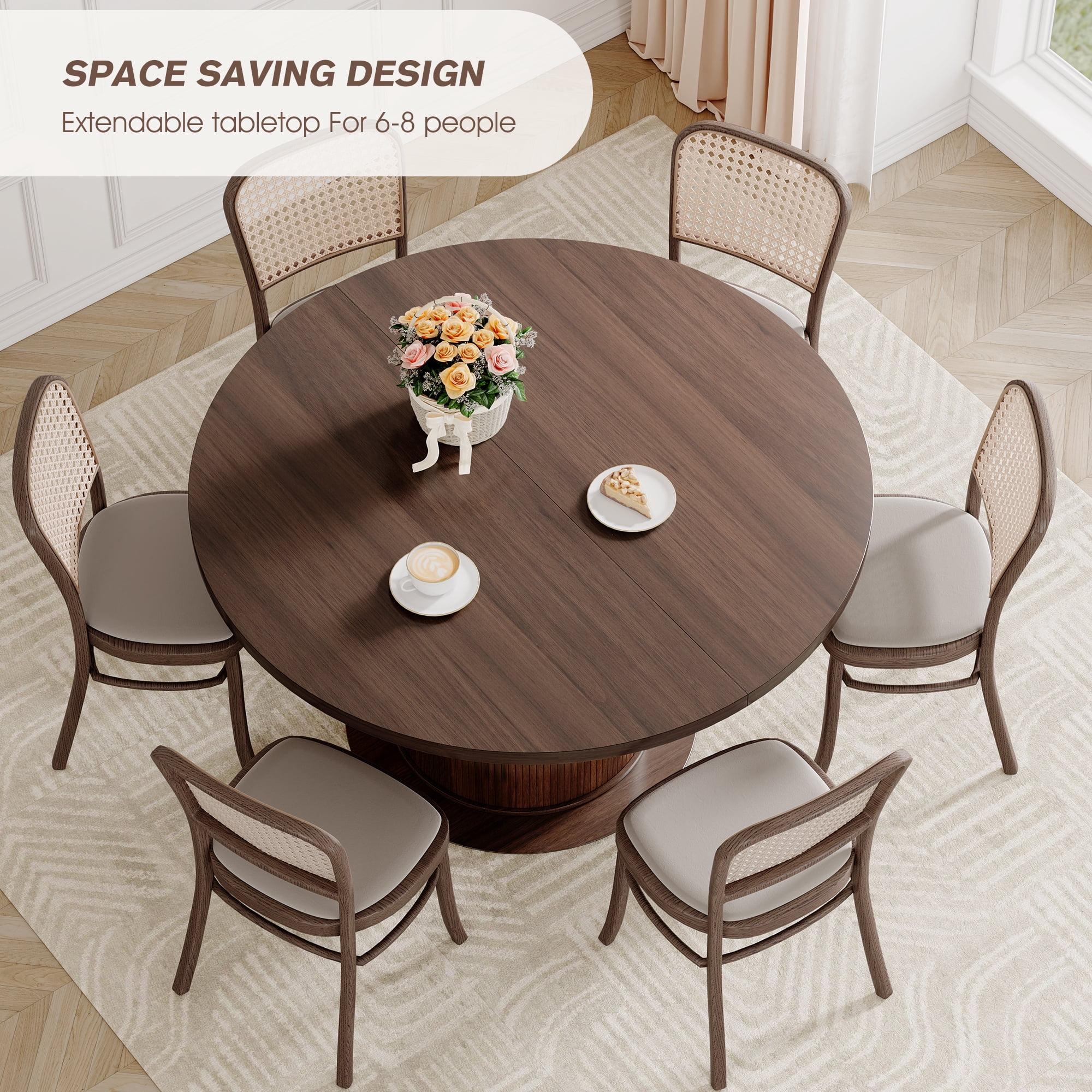 Round Dining Table for 4-8, Extendable Oval Kitchen Dining Room Table 47”-63” with Storage, Mid Century Modern Dinner Table, Walnut
