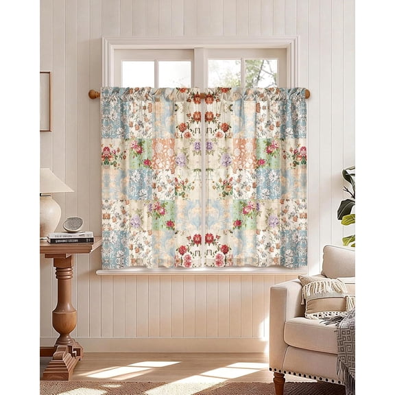 Elyvra Boho Kitchen Curtains, 36 Inch Vintage Floral Polyester Cafe Tier Curtains, Rustic Farmhouse Short Window Drapes, 2 Panel Set