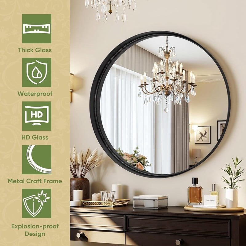 Gleamira 24" Round Bathroom Mirror Wall Mounted Mirror with Deep Frame, Black