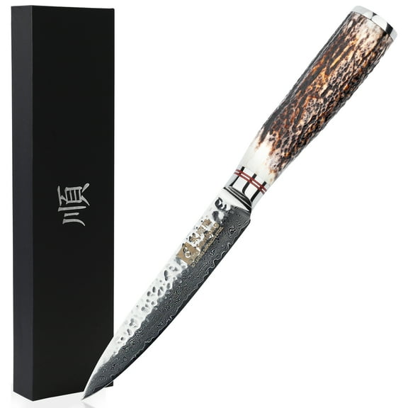YOUSUNLONG 5-Inch Japanese Tsuchime Damascus Utility Knife with Natural Antler Handle