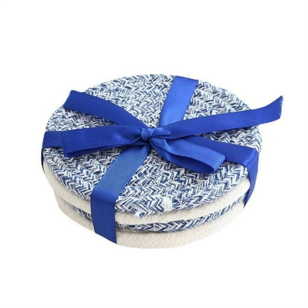 

4-Piece Hot Dish Tripod Round Braided Insulation Pad Set Stylish Coasters for Cooking and Baking About 12cm In Diamet Navy Blue Color