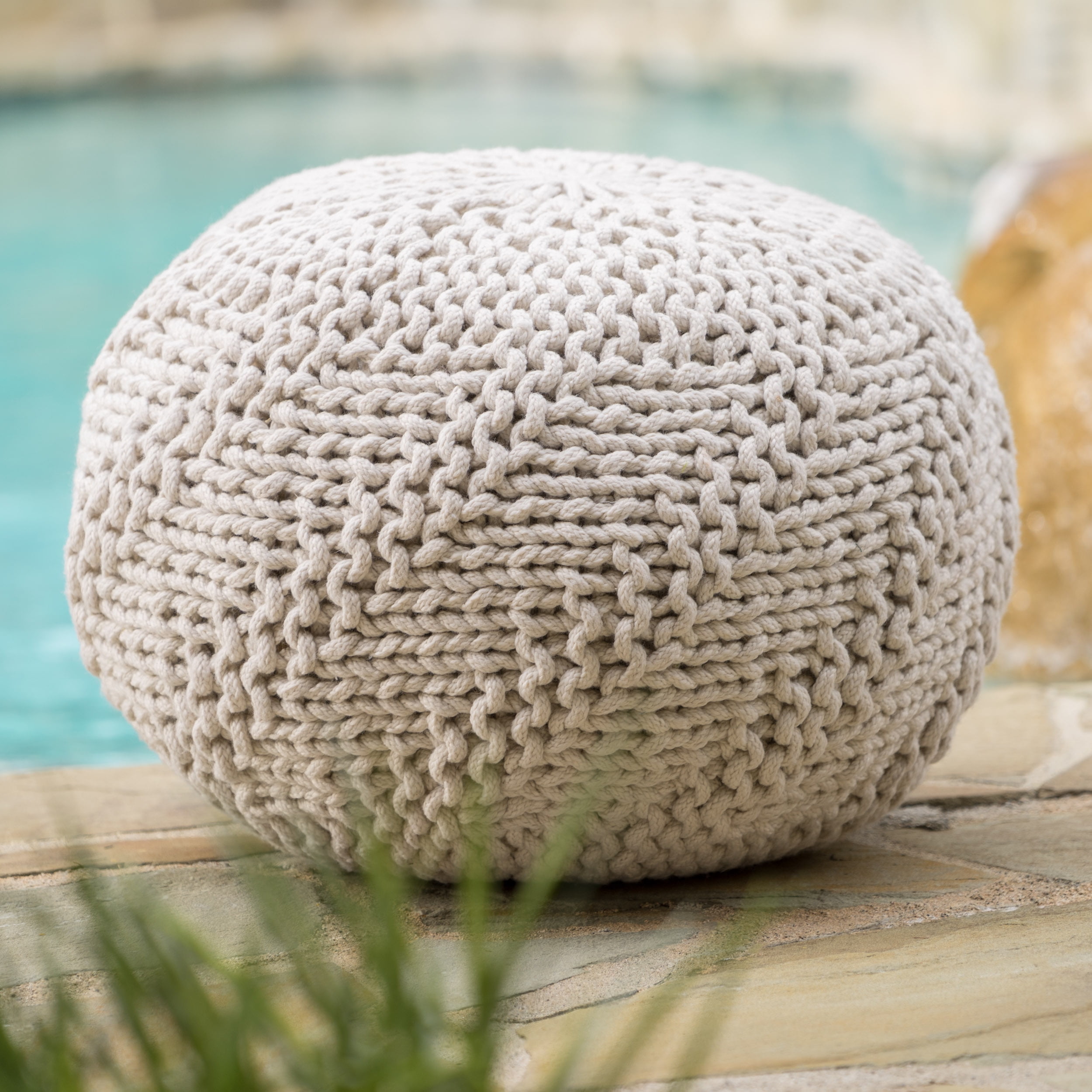 Noble House Outdoor Fabric Weave Pouf,Ivory