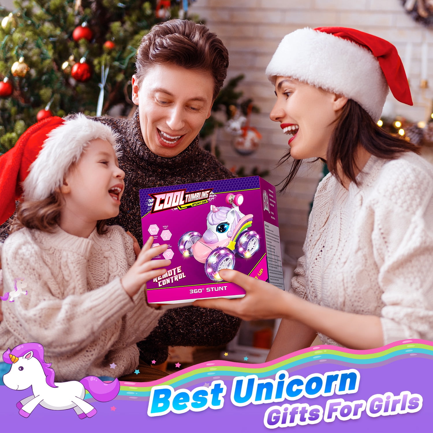 UQN Unicorn Toys for Girls Age 3-6, Remote Control Stunt Cars Toys for Girls, RC Cars for Kids with LED Light, Birthday Gift Toys for Girls Toddlers 3 4 5 6