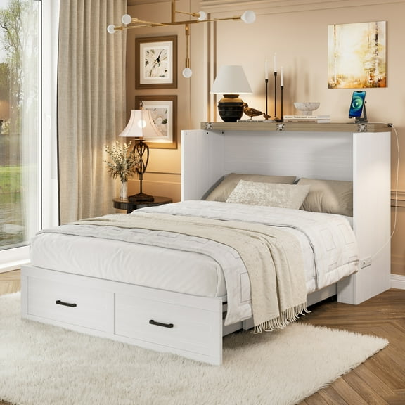Harper & Bright Designs Full Size Murphy Bed, Murphy Bed Full with Charging Station with Large Storage Drawer, Foldable Wall Beds for Guest Room, White