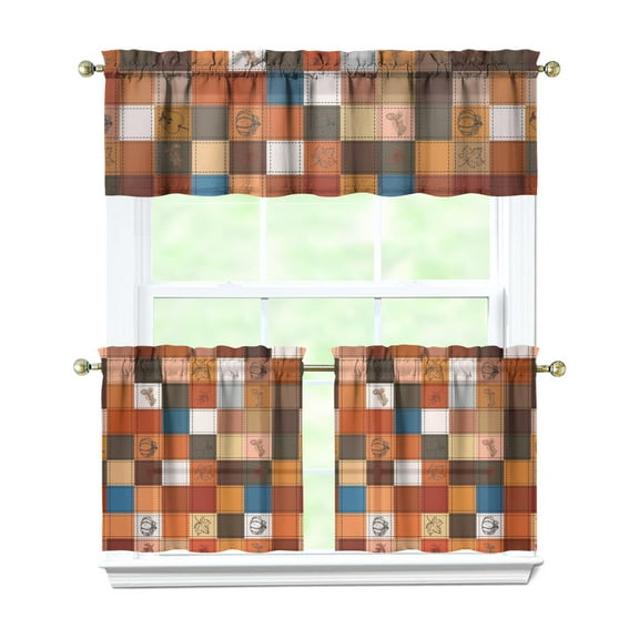 Rod Pocket Kitchen Curtain Set 3-Piece, 27.5x36 Inch Valance & Tier Drapes, Polyester Pongee Cafe Curtains for Living Room, Bathroom, Farmhouse Rustic Country Window Treatments.