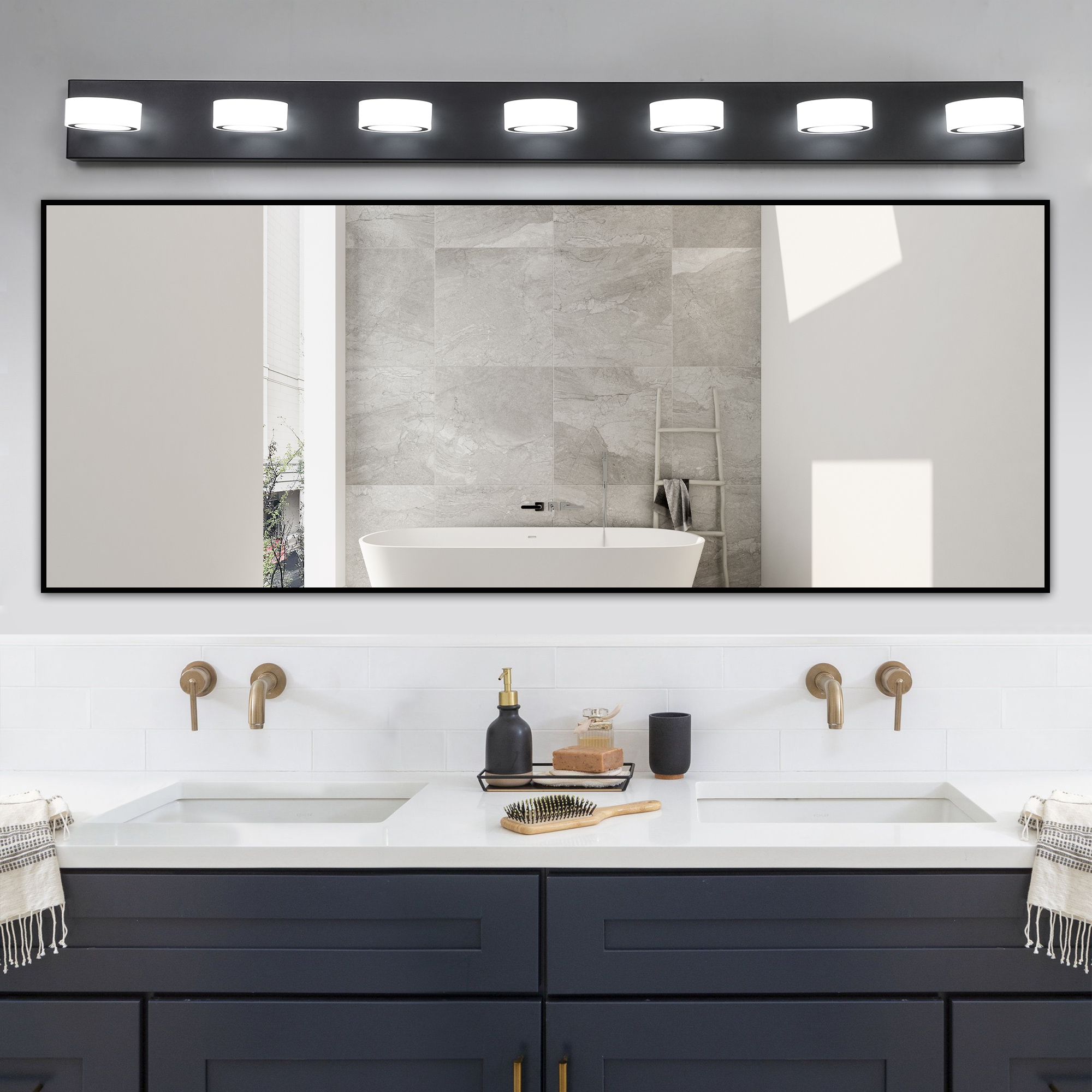 Leumius Modern 7-Light LED Vanity Light Fixture, Black Finish with Acrylic Light Shades, Energy-Efficient Bathroom Wall Sconce, Dimmable for Mirror, Shower and Bathroom Decor