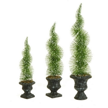 Set of 3 Potted Sparkling Green Frosted Spiral Topiary Artificial Christmas Tree 1.5' -