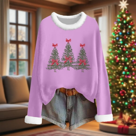 HOMBOM Funny Tops for Women Christmas Long Sleeve Comfy Crewneck Ugly Christmas Xmas Fuzzy Womens Tee Shirts Purple