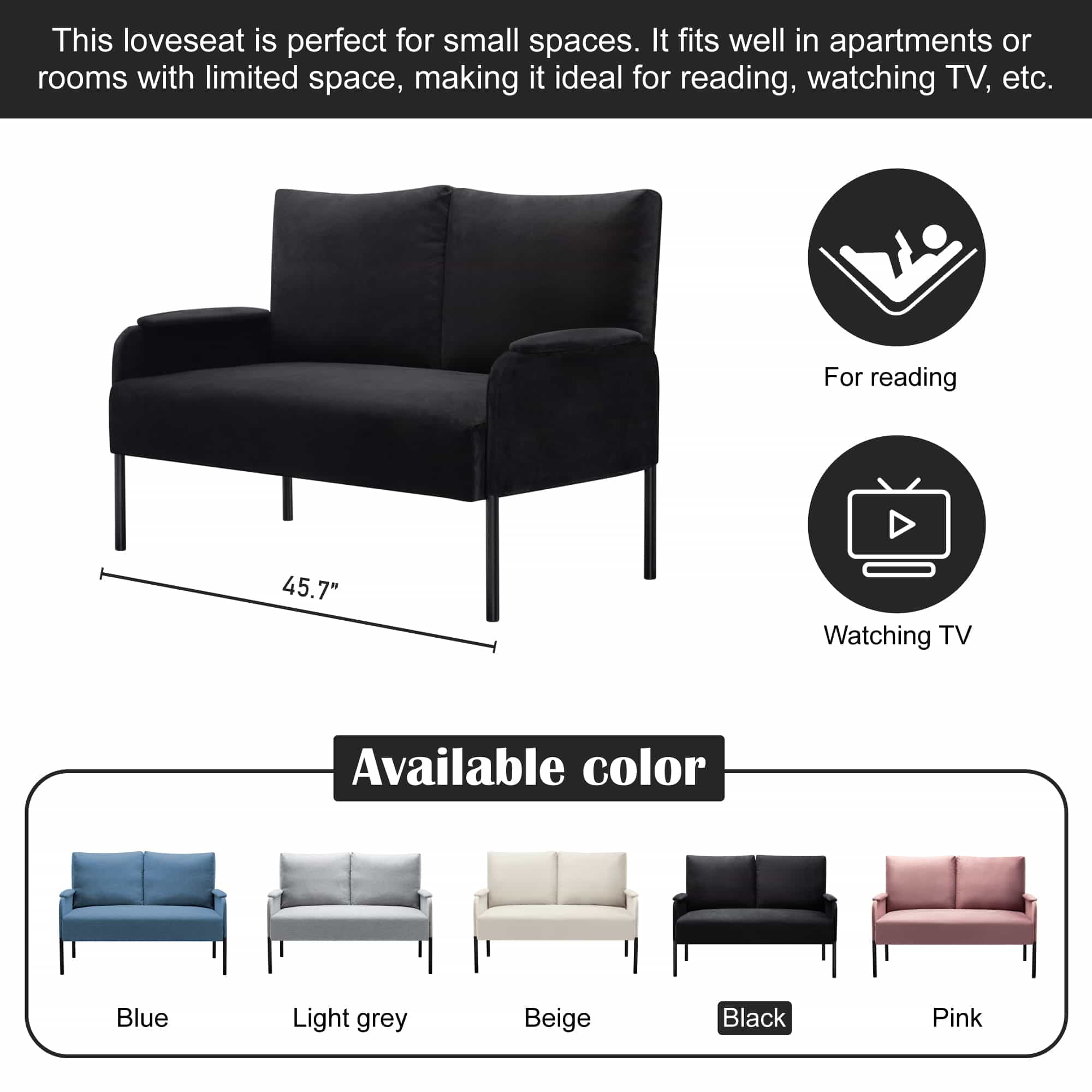 BSHTI Velvet Upholstery Loveseat Couch,2 Seating,Metal Frame,High-density Fam Seat Loveseat,Well in Apartments or Rooms with Limited Space(Black)