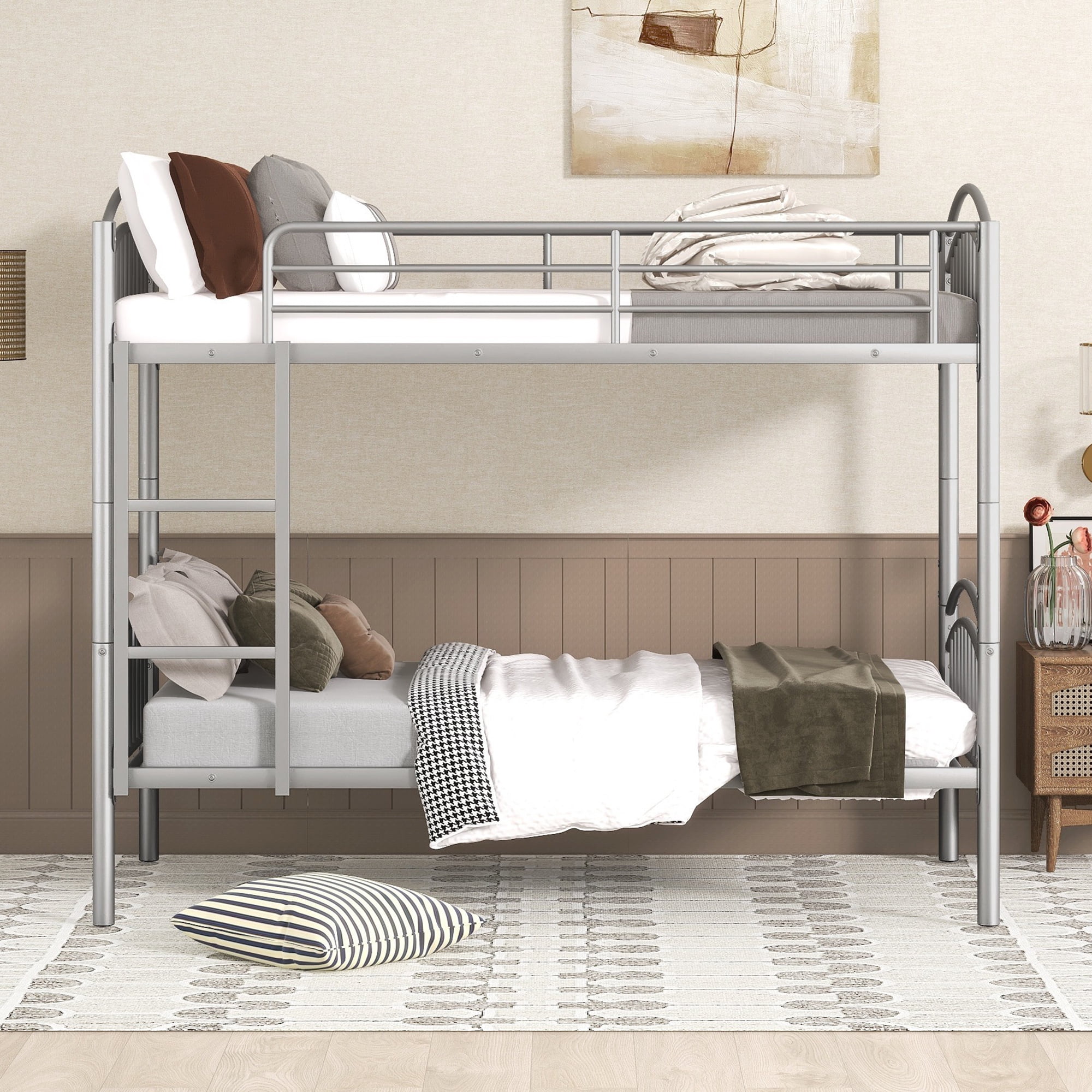 Leumius Twin Over Twin Metal Bunk Bed for Boys Girls Teens,Heavy Duty Metal Bed Frame with Built-in Ladder and Safety Gurdrail,Can be Divided into Two Beds,Silver