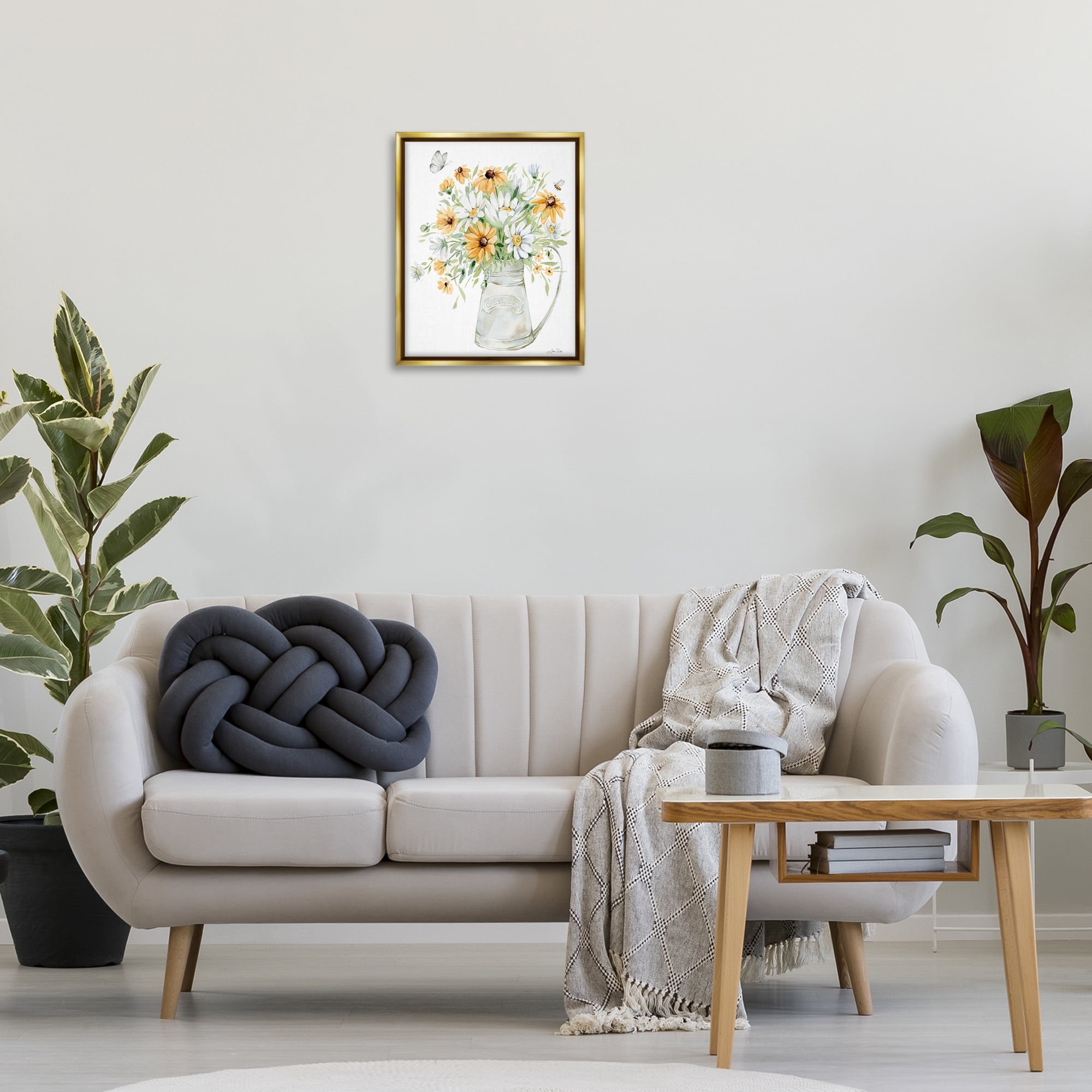 Stupell Industries Sunflowers & Daisies Vase Botanical & Floral Painting Gold Floater Framed Art Print Wall Art, 17 x 21