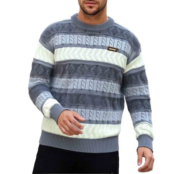 Turilly Men's Sweater Striped Geometric Knit Crewneck Pullover Sweater with Small Chest Label Casual Everyday Top