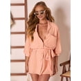 thumbnail image 5 of Women'S Collar V Neck Button Down Pleated 3/4 Sleeve Mini Shirt Dress with Belt Peach L, 5 of 9