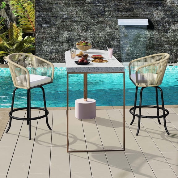 Uforic Outdoor Swivel Bar Stools Set of 2, Patio Woven Chairs with Soft Cushions, Footrests, and Ergonomic Design, 360° Swivel for Backyard, Garden, Balcony, Beige