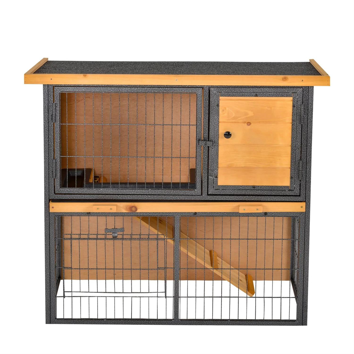 Pefilos 35" Metal Frame Wooden Rabbit Hutch with Asphalt Openable Roof, No Leak Tray, Outdoor Bunny Enclosure Guinea Pig Cage for Small Animals, Beige