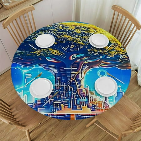 

Autua Futuristic City Tree Round Tablecloth Stain Resistant & Washable Perfect for Indoor and Outdoor Use Wedding and Parties 100% Polyester Waterproof Fabric Kitchen Dining Decor 31 -35