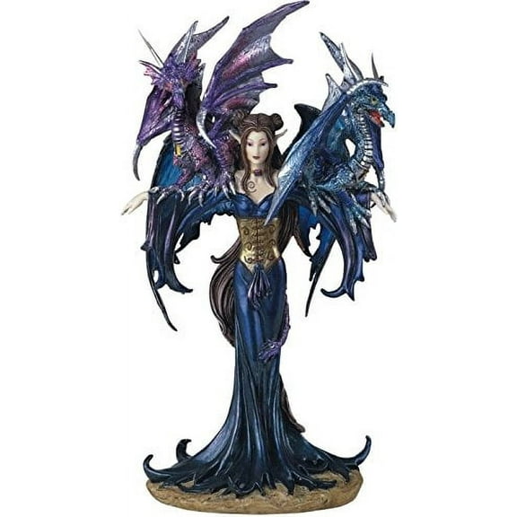 Blue Fairy with Two Dragons Medieval Fantasy Figurine Pixie Decoration New