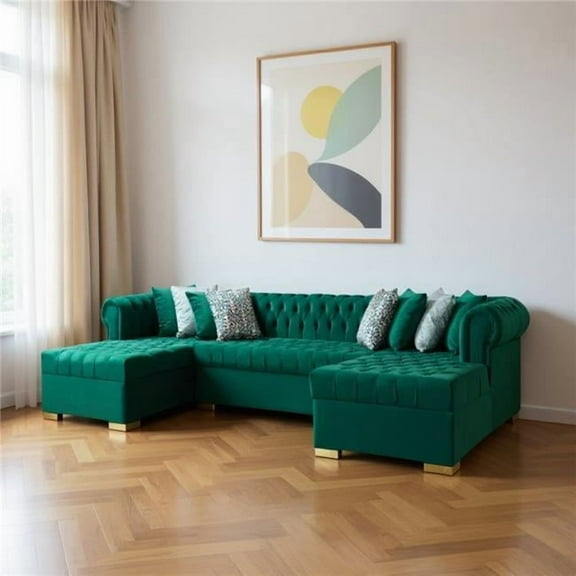 HomeRoots 643892 Green Velvet U Shaped 3 Piece Sofa & Chaise Sectional with Toss Pillows