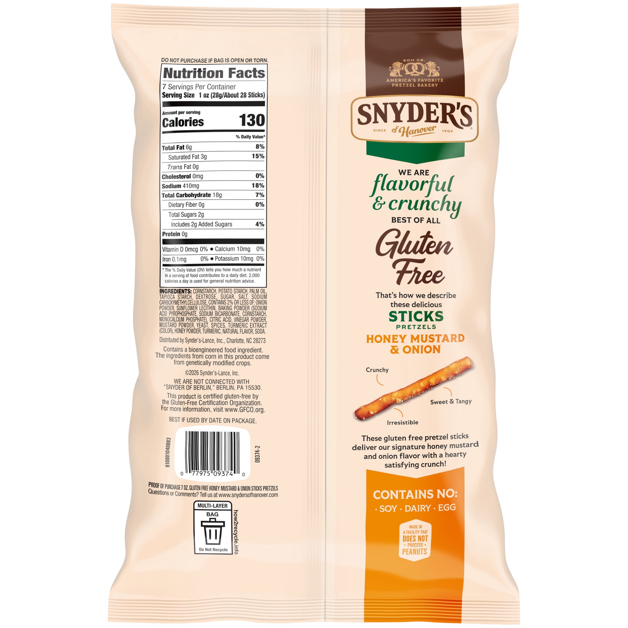 (3 pack) Snyder's of Hanover Honey Mustard and Onion Gluten Free Pretzel Sticks, 7 oz Bag