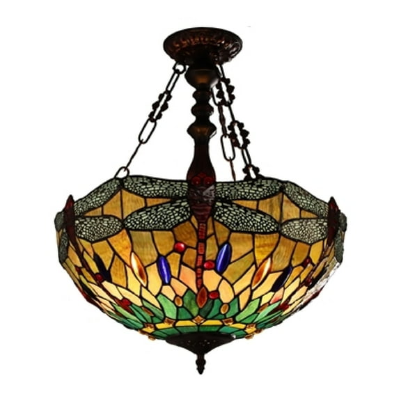 CHLOE Lighting EMPRESS Tiffany-style Blackish Bronze 3 Light Hanging Pendant 18" Wide, Amber and Green