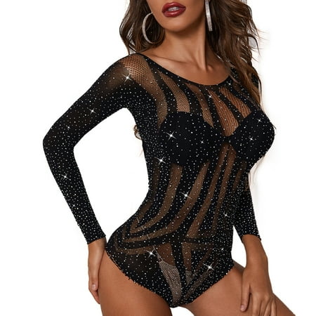 

Mesh Bodysuit Lingerie Rhinestone See-through Teddies Catsuit Erotic Costume