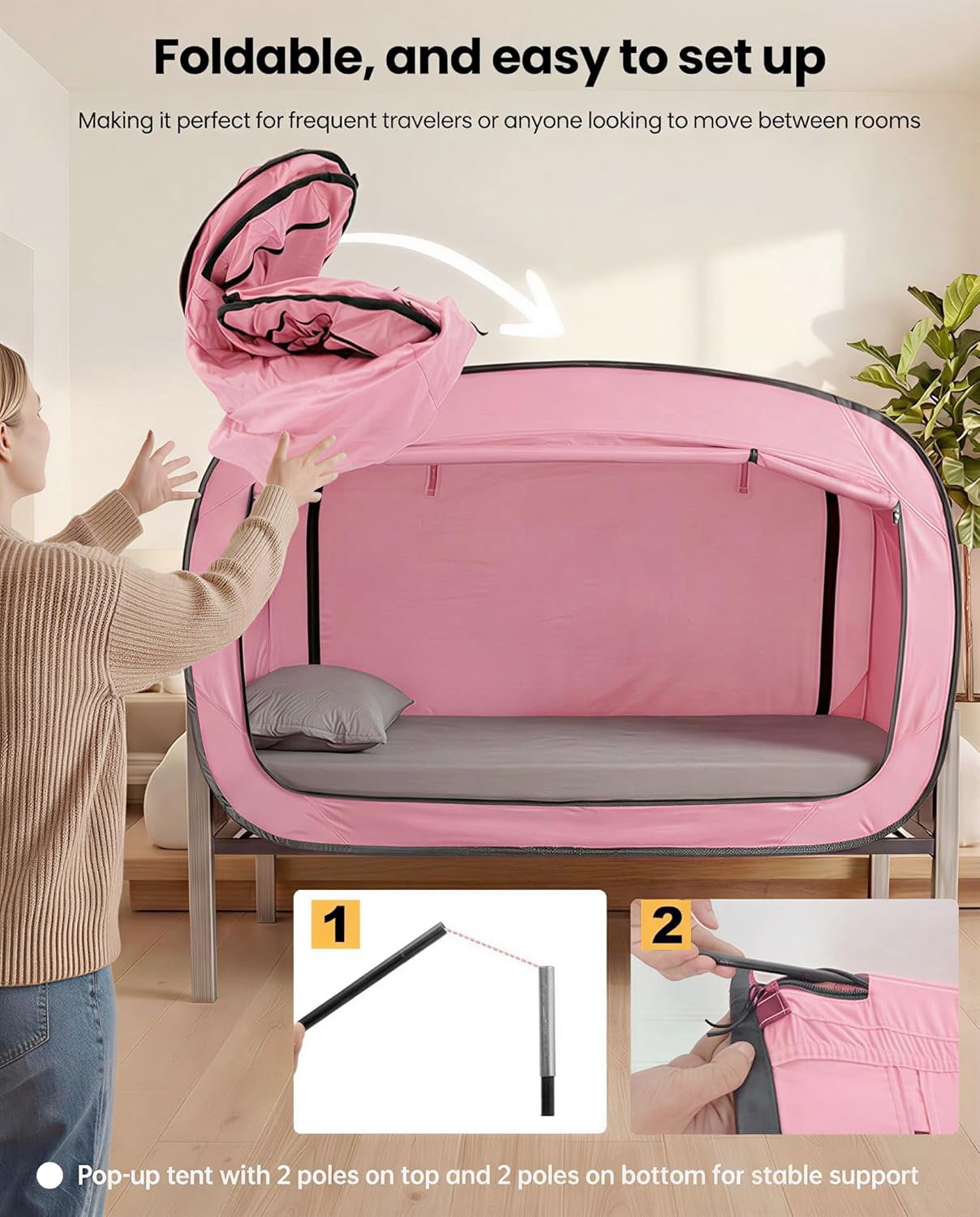 Bed Tent Twin Bed Canopy Portable Dream Tent for Adult Indoor Sleeping Tents with 2 Doors Breathable Private Space Tents, Pink